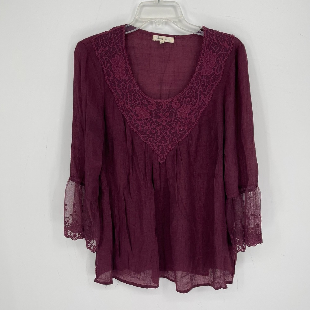 Indigo Soul Women's Burgundy Lace Trim Bell Sleeve Blouse Size Medium